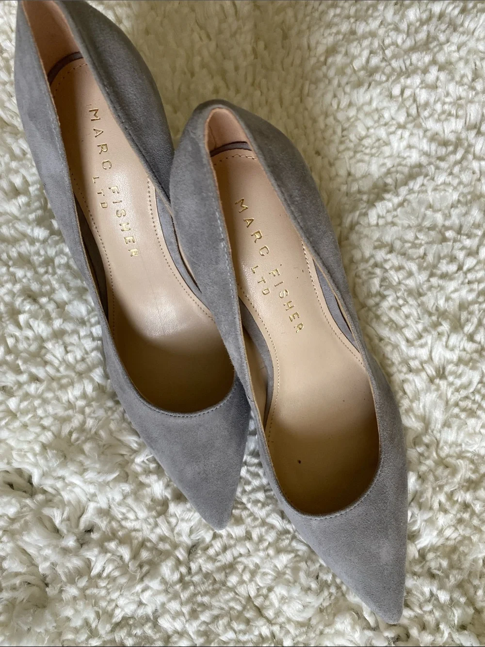 Marc Fisher Light Gray Suede Block Heel Pumps